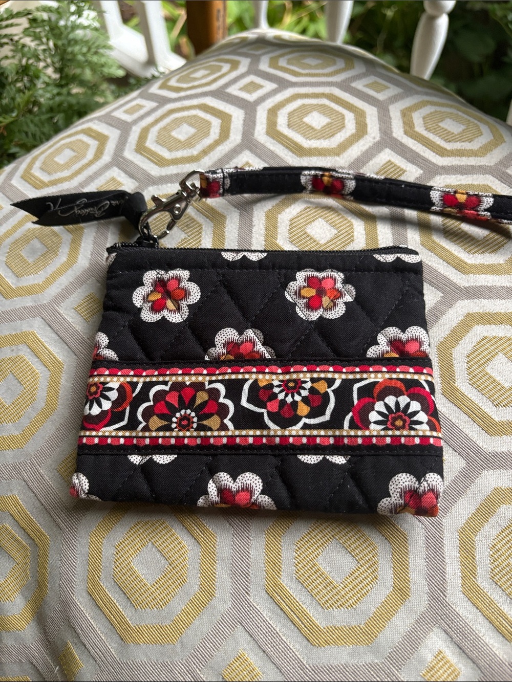 Vera Bradley Black Quilted Floral Wristlet with Red Accents